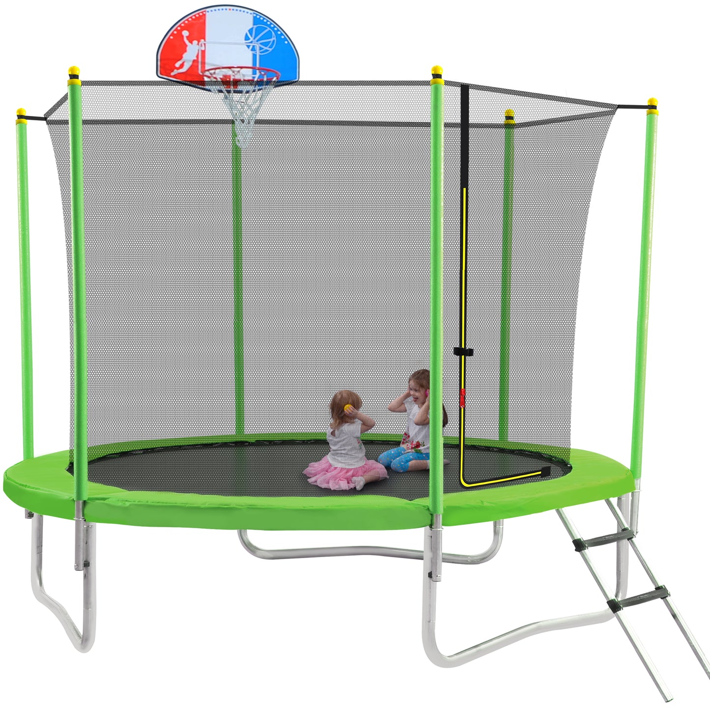 10FT Trampoline for Kids with Safety Enclosure Net, Basketball Hoop and Ladder, Easy Assembly Round Outdoor Recreational Trampoline