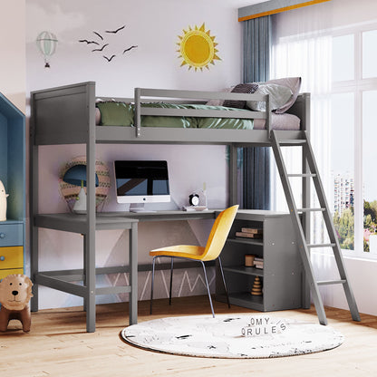 Twin size Loft Bed with Shelves and Desk, Wooden Loft Bed with Desk - Gray(OLD SKU:LT000537AAE)