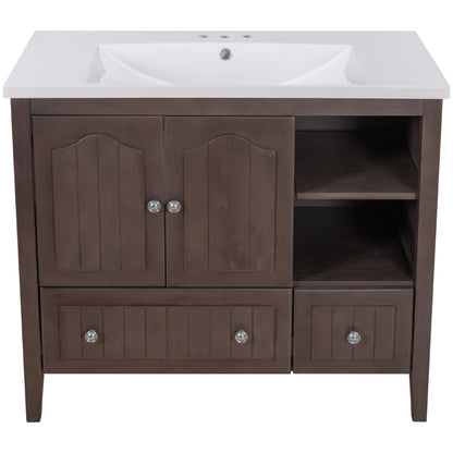 [VIDEO] 36" Bathroom Vanity with Ceramic Basin, Bathroom Storage Cabinet with Two Doors and Drawers, Solid Frame, Metal Handles, Brown