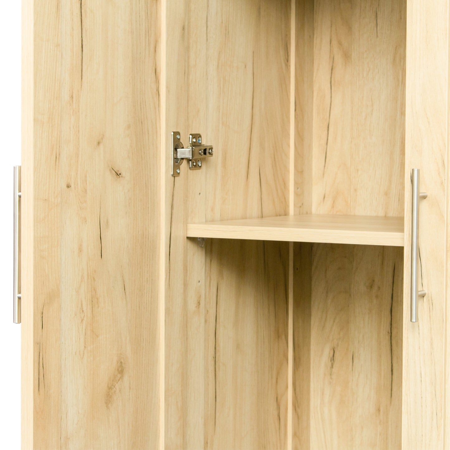 High wardrobe and kitchen cabinet with 2 doors and 3 partitions to separate 4 storage spaces, oak