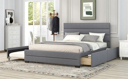 Queen Upholstered Platform Bed with Trundle and Two Drawers,Grey