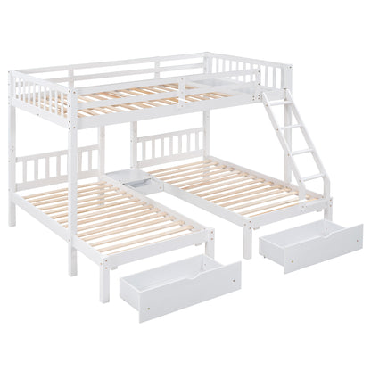 Full Over Twin & Twin Bunk Bed, Wood Triple Bunk Bed with Drawers and Guardrails  (White) （OLD SKU:LP000143AAK）