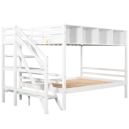 Twin over Full Bunk Bed with Staircase and Built-in Storage Cabinets,White