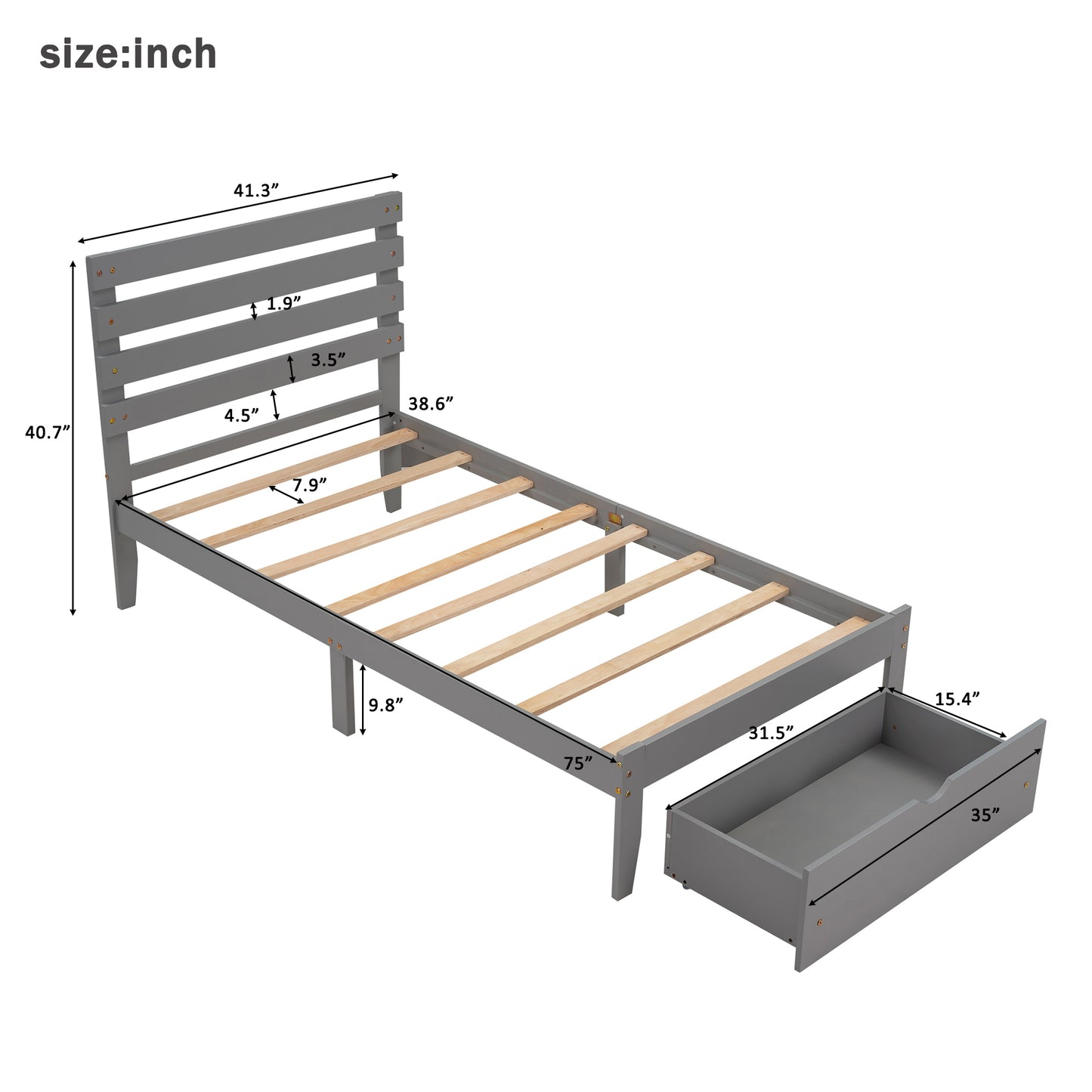 Twin Size Platform Bed with Drawer, Gray(New SKU:WF288467AAE)