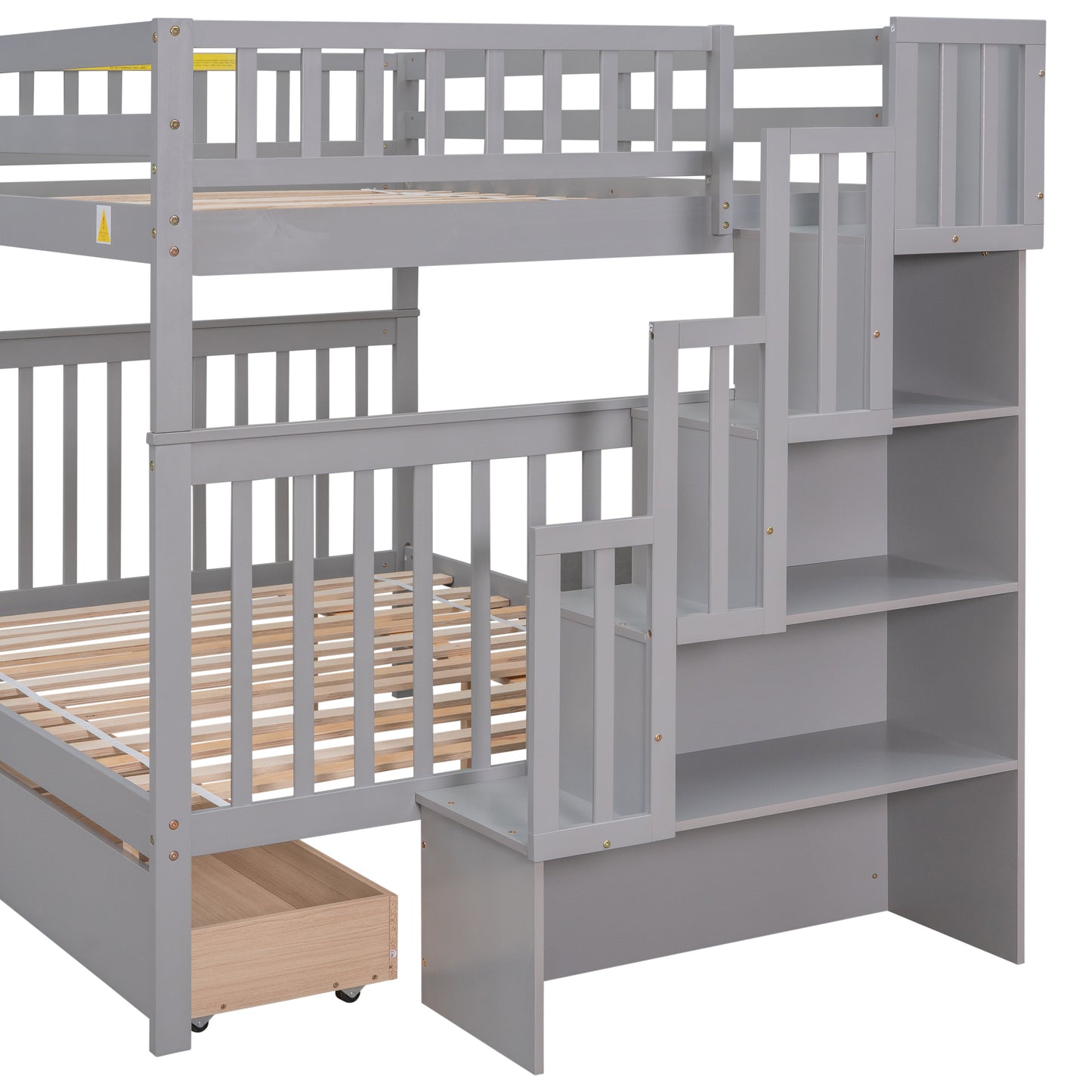 Full Over Full Bunk Bed with 2 Drawers and Staircases, Convertible into 2 Beds, the Bunk Bed with Staircase and Safety Rails for Kids, Teens, Adults, Grey