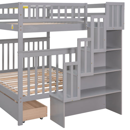 Full Over Full Bunk Bed with 2 Drawers and Staircases, Convertible into 2 Beds, the Bunk Bed with Staircase and Safety Rails for Kids, Teens, Adults, Grey