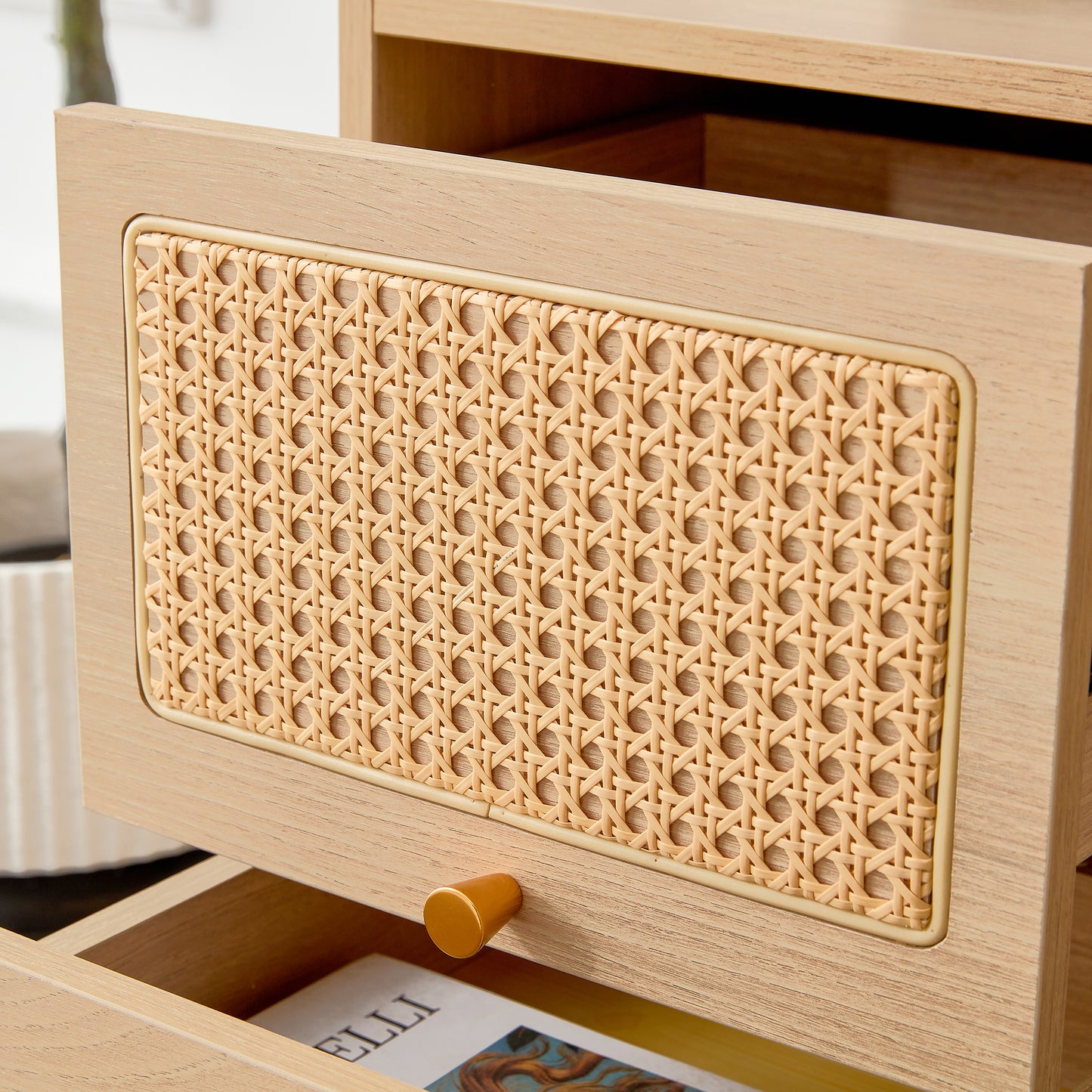 Modern simple storage cabinet MDF Board bedside cabinet Japanese rattan bedside cabinet Small household furniture bedside table.Applicable to dressing table in bedroom, porch, living room.2 Drawers