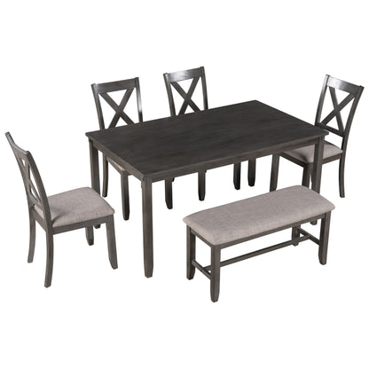 TREXM 6-Piece Kitchen Dining Table Set Wooden Rectangular Dining Table, 4 Fabric Chairs and Bench Family Furniture (Grey)