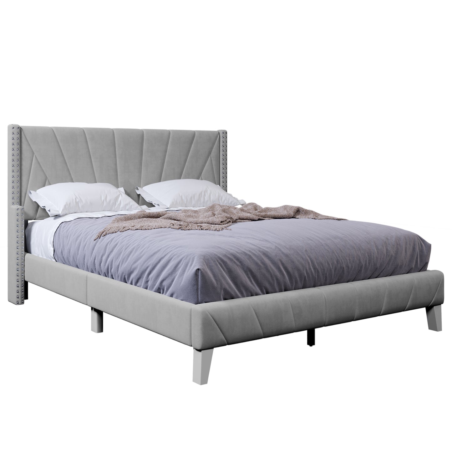 Contemporary Velvet Upholstered Bed Frame with Channel Tufting and Nailhead Trim, No Box Spring Needed, Queen, Gray