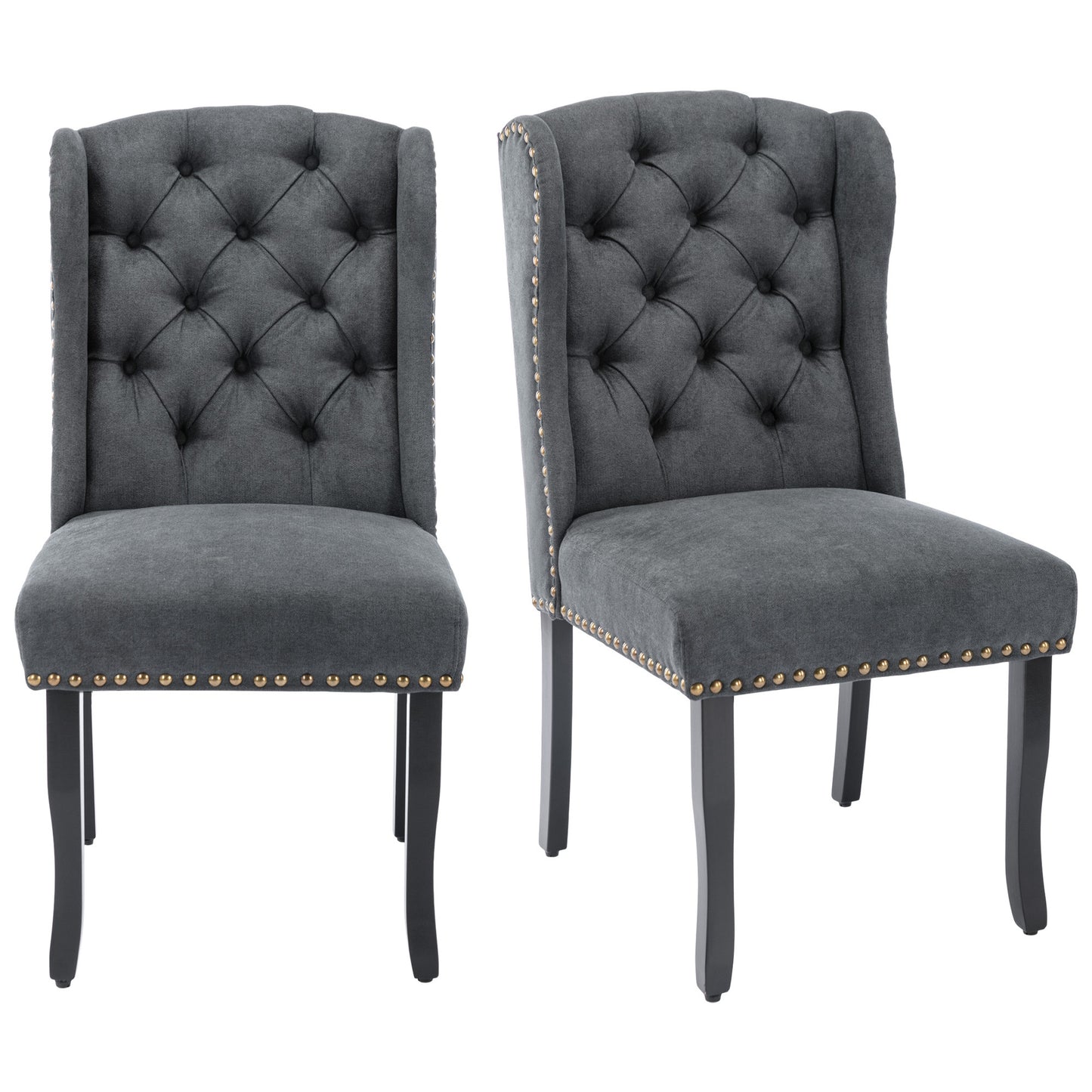 TREXM Cotton Fabric Dining Chairs Set of 2, Upholstered Dining Room Chairs with Solid Wood Legs, Wingback and Button Tufting (Dark Gray)