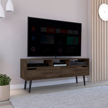 Tv Stand for TV´s up 52" Bull, Three Open Shelves, Two Flexible Drawers, Dark Walnut Finish