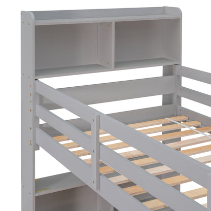 Twin Over Twin Bunk Beds with Bookcase Headboard, Solid Wood Bed Frame with Safety Rail and Ladder, Kids/Teens Bedroom, Guest Room Furniture, Can Be converted into 2 Beds, Grey