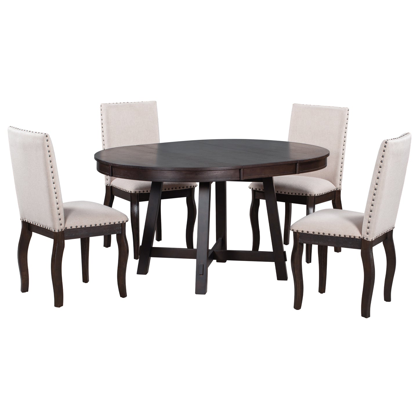 TREXM 5-Piece Farmhouse Dining Table Set Wood Round Extendable Dining Table and 4 Upholstered Dining Chairs (Espresso)