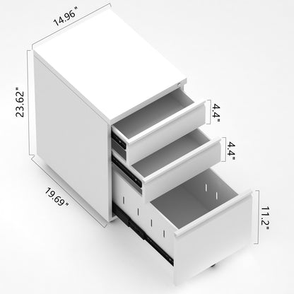 Steel 3 Drawer File Cabinet with Lock, Rolling Locking Filing Cabinet with Wheels, Mobile Metal Steel Office Cabinets Under Desk with Key