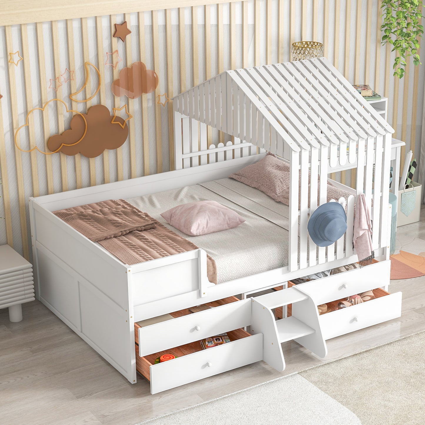 Full Size House Low Loft Bed with Four Drawers,White