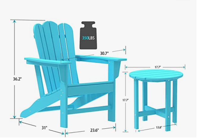 Combo for Family: 2 Plastic Adirondack Chairs & an Outdoor Side Table.  Outdoor Adirondack Chair Patio Lounge Chairs Classic Design (Blue)