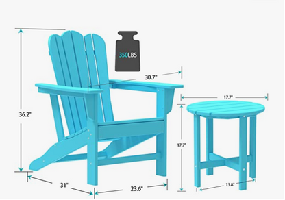 Combo for Family: 2 Plastic Adirondack Chairs & an Outdoor Side Table.  Outdoor Adirondack Chair Patio Lounge Chairs Classic Design (Blue)