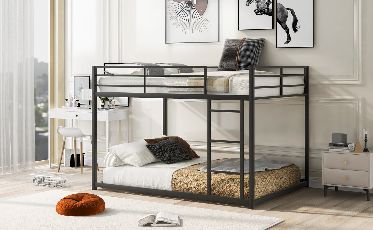 Full over Full Metal Bunk Bed, Low Bunk Bed with Ladder, Black（Old SKU:MF197034AAB）