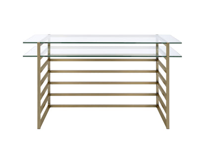 Slatted Design Metal Desk with Glass Shelf and Glass Top, Gold and Clear