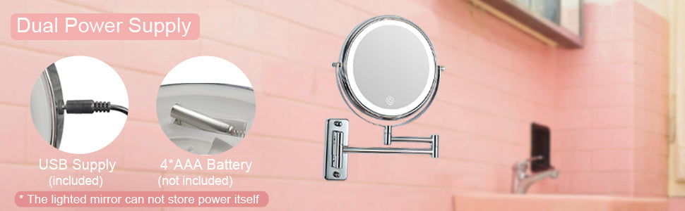 8-inch Wall Mounted Makeup Vanity Mirror, 3 colors Led lights, 1X/10X Magnification Mirror, 360° Swivel with Extension Arm (Chrome Finish)