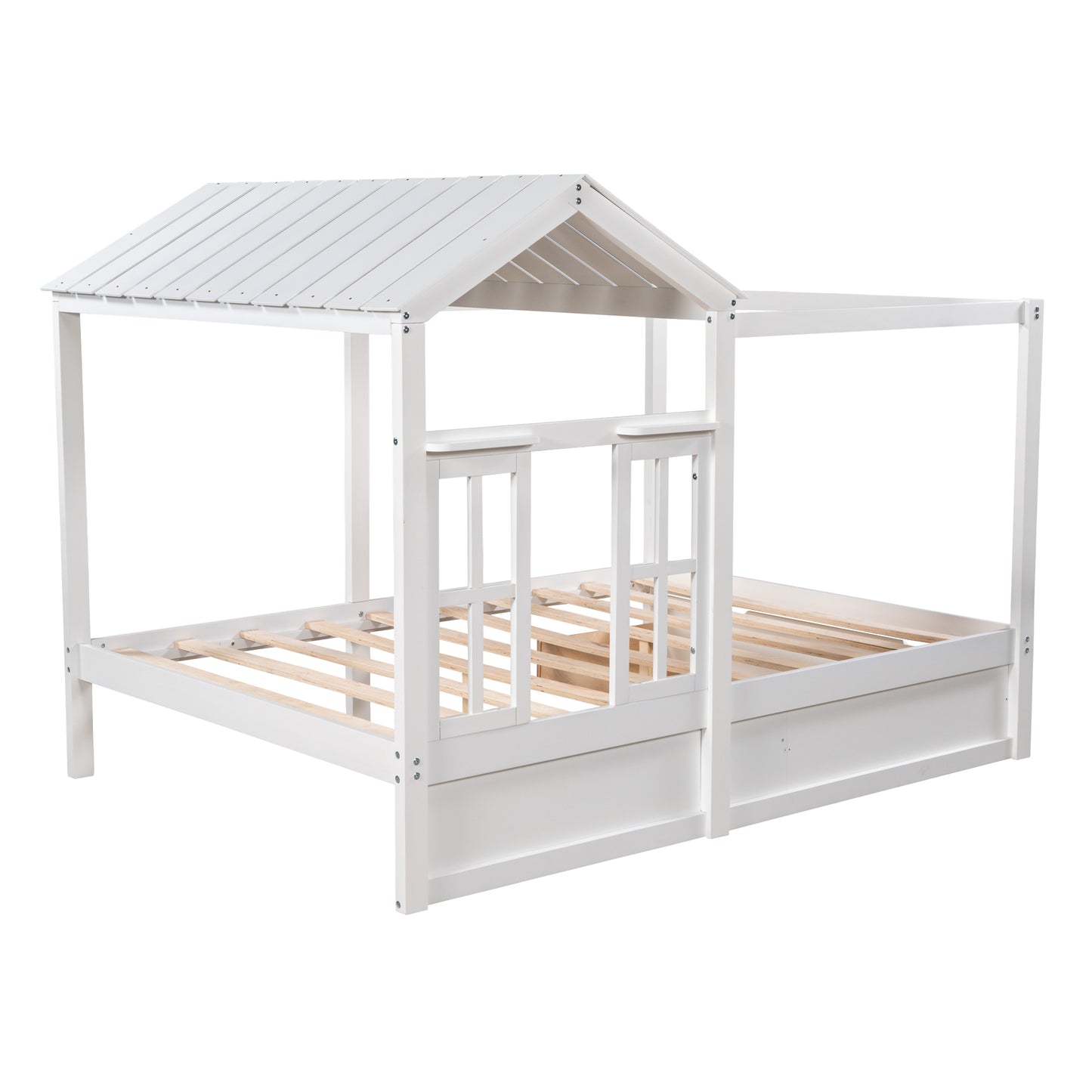 Full Size House Bed with Roof, Window and Drawer - White