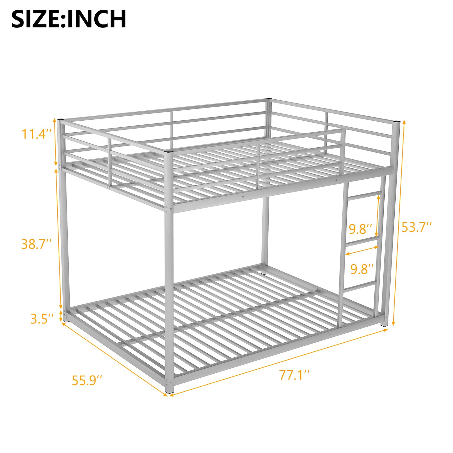 Full over Full Metal Bunk Bed, Low Bunk Bed with Ladder, Silver（Old SKU:MF197034AAN)