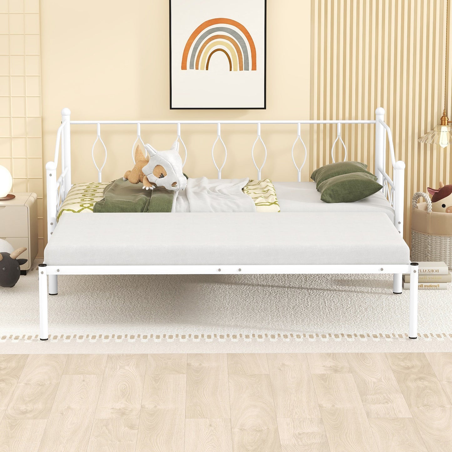 Twin Size Metal Daybed with Trundle, Daybed with Slat No Box required White