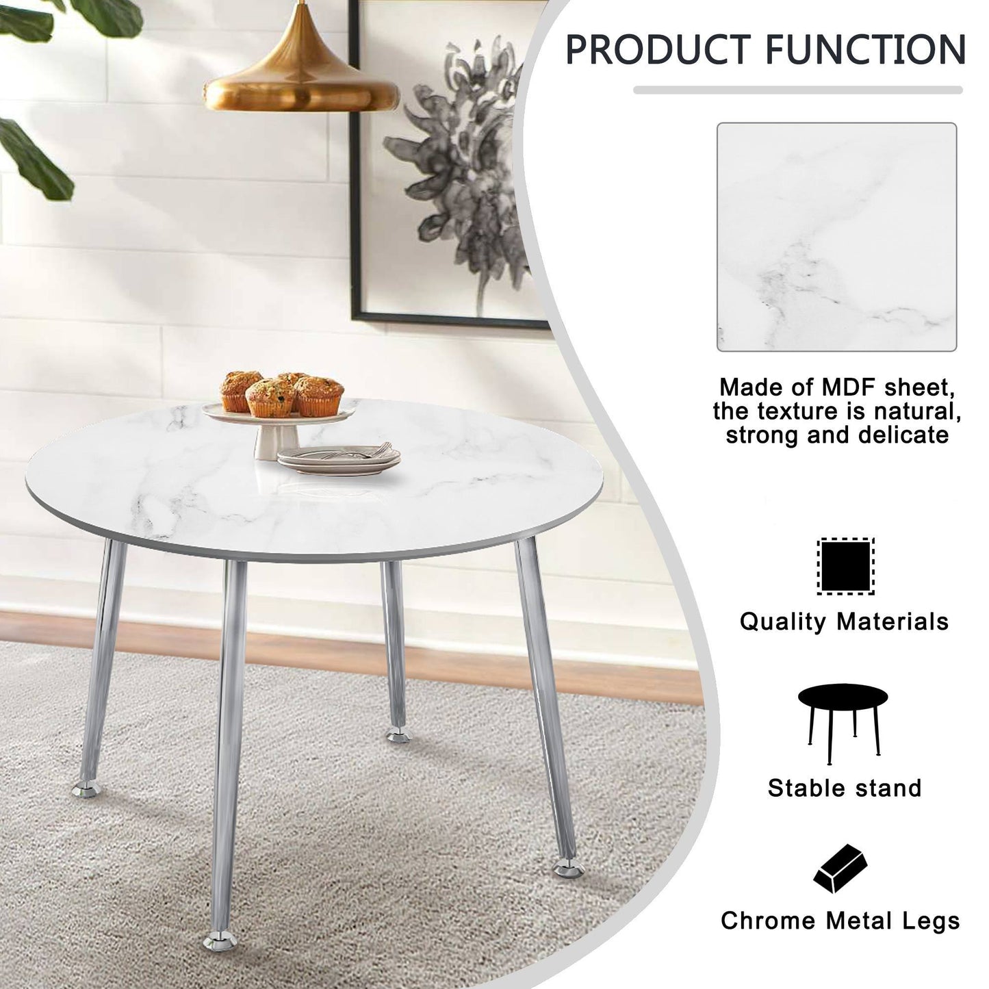 Diameter 44.8 inch MDF Modern simplicity round Imitation solid wood marble grain dining table.Applicable 6-8 persons to dining room and meeting room.