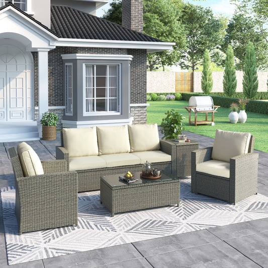 U_Style 5 Piece Rattan Sectional Seating Group with Cushions and table, Patio Furniture Sets, Outdoor Wicker Sectional