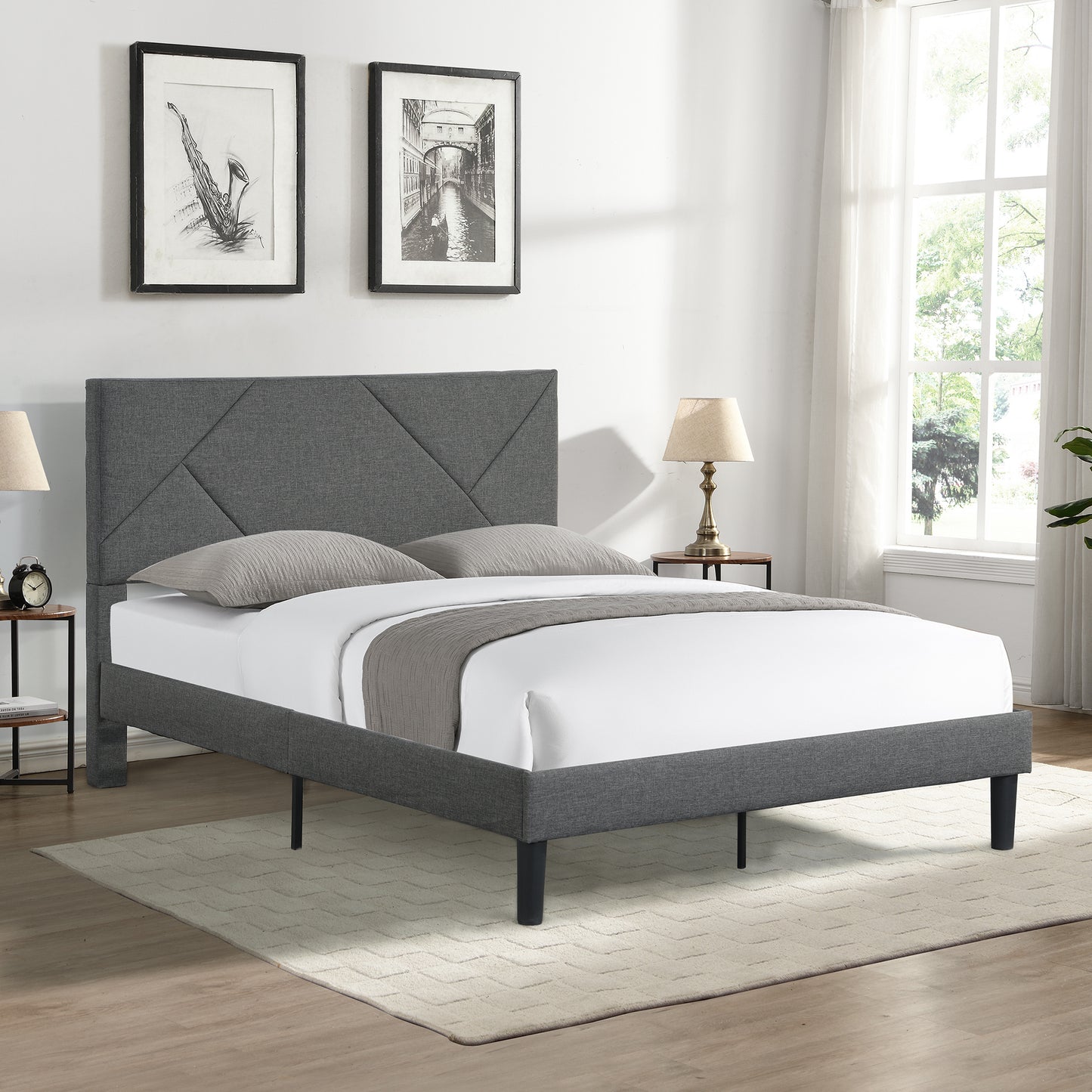 Full Size Upholstered  Platform Bed Frame with  Headboard, Strong Wood Slat Support, Mattress Foundation, No Box Spring Needed, Easy Assembly, Gray