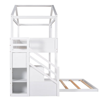 Twin over Full House Bunk Bed with Storage Staircase and Blackboard,White