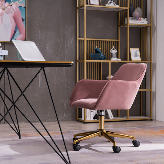 Modern Velvet Fabric Material Adjustable Height 360 revolving Home Office Chair with Gold Metal Legs and Universal Wheels for Indoor,Pink