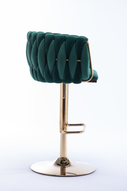 Set of 2  Bar Stools,with Chrome Footrest and Base Swivel Height Adjustable Mechanical Lifting Velvet + Golden Leg Simple Bar Stool-Green