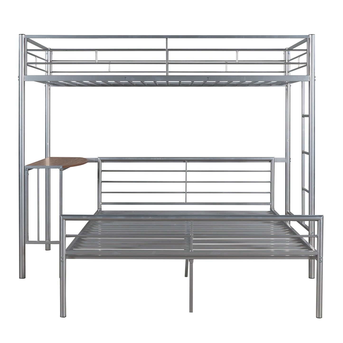 Twin Over Full Metal Bunk Bed with Desk, Ladder and Quality Slats for Bedroom, Metallic Silver（OLD SKU :LP000092AAN）