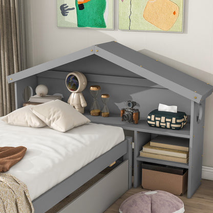 Twin Storage House Bed for kids with Bedside Table, Trundle, Grey