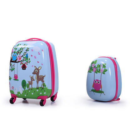 2 PCS Kids Luggage Set, 12" Backpack and 16" Spinner Case with 4 Universal Wheels, Travel Suitcase for Boys Girls, Light Blue with Animal Patterns