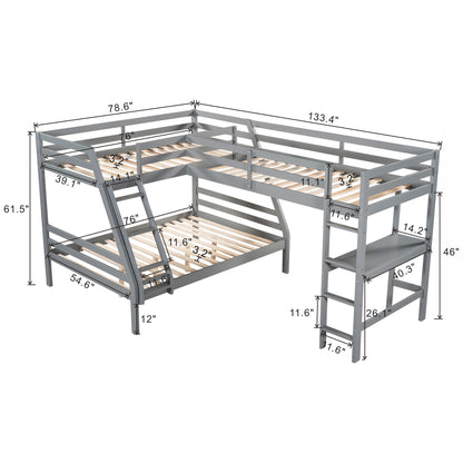 L-Shaped Twin over Full Bunk Bed and Twin Size Loft Bed with Built-in Desk,Gray