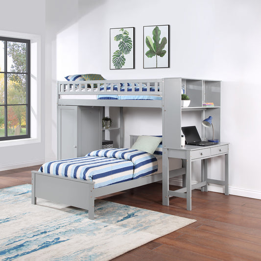 Twin Size Loft Bed with Closet and Desk, Extra Bottom Twin Bed, Grey