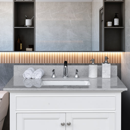 Montary 31 inches bathroom stone vanity top calacatta gray engineered marble color with undermount ceramic sink and 3 faucet hole with backsplash
