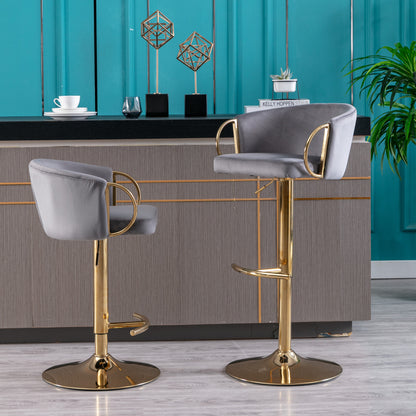 Set of 2  Bar Stools,with Chrome Footrest and Base Swivel Height Adjustable Mechanical Lifting Velvet + Golden Leg Simple Bar Stool-Grey