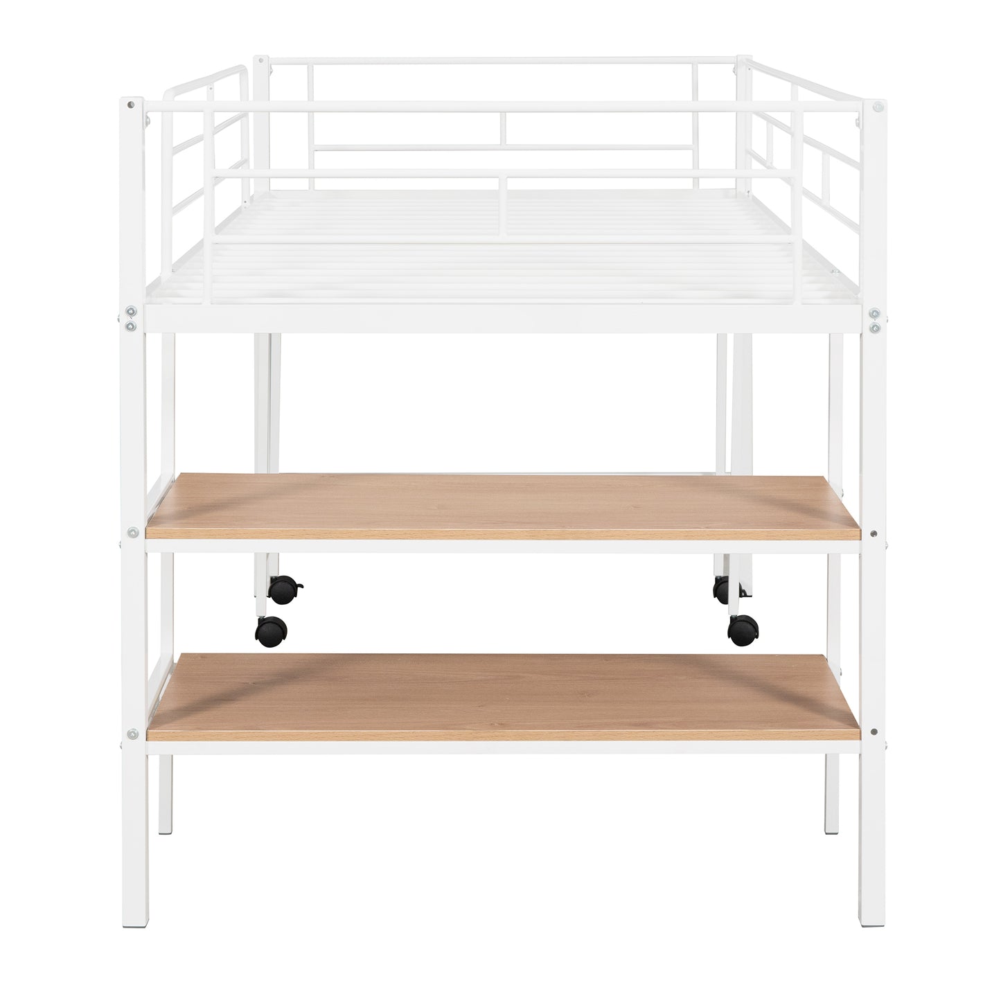 Twin Size Metal Loft Bed with Desk and Shelves,White