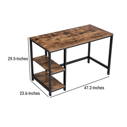 Industrial 47 Inch Wood and Metal Desk with 2 Shelves, Black and Brown