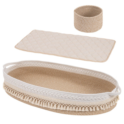 Baby Changing Basket, Handmade Woven Cotton Rope Moses Basket, Changing Table Topper with Mattress Pad(Beige&Brown)