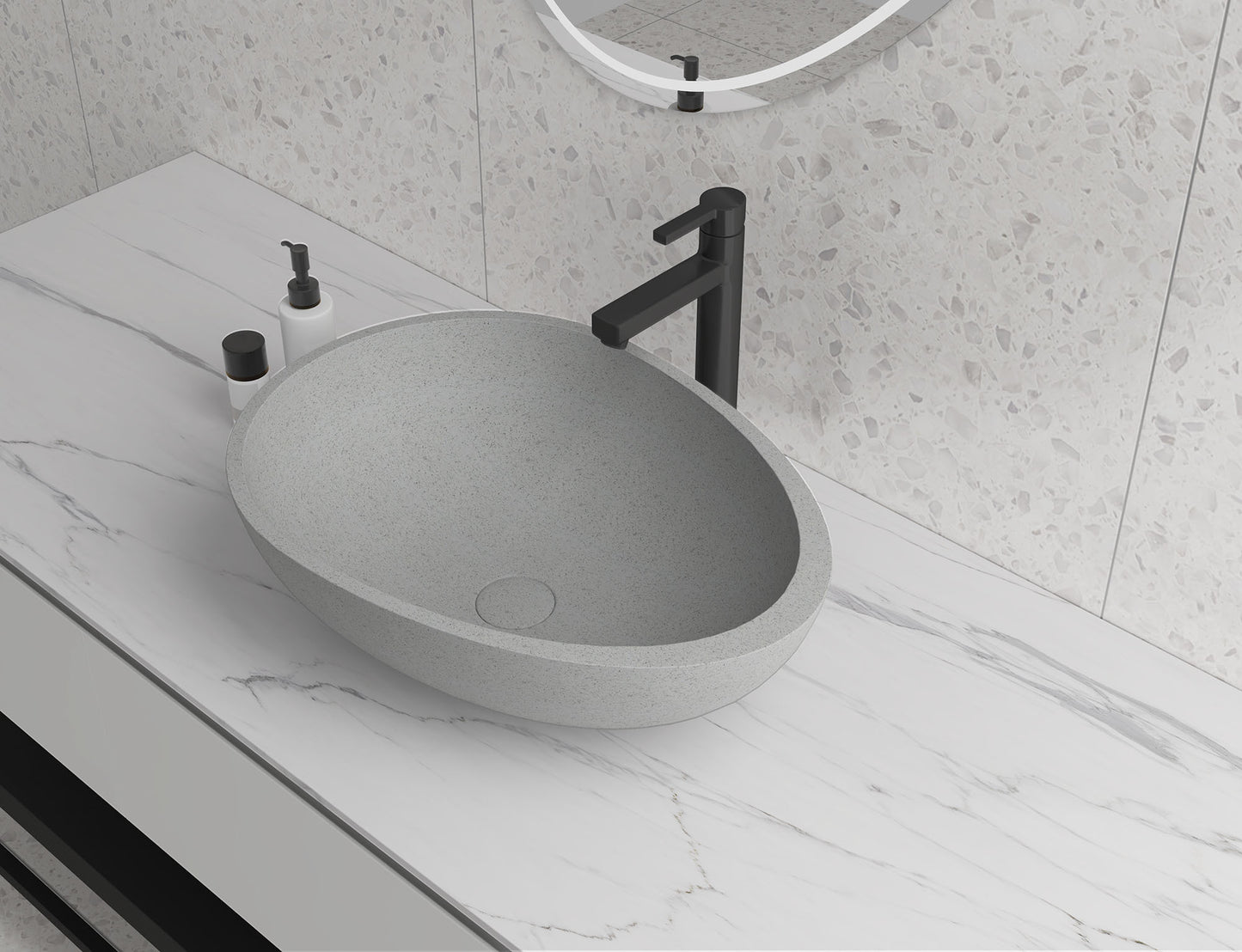 Egg shape Concrete Vessel Bathroom Sink in Grey without Faucet and Drain