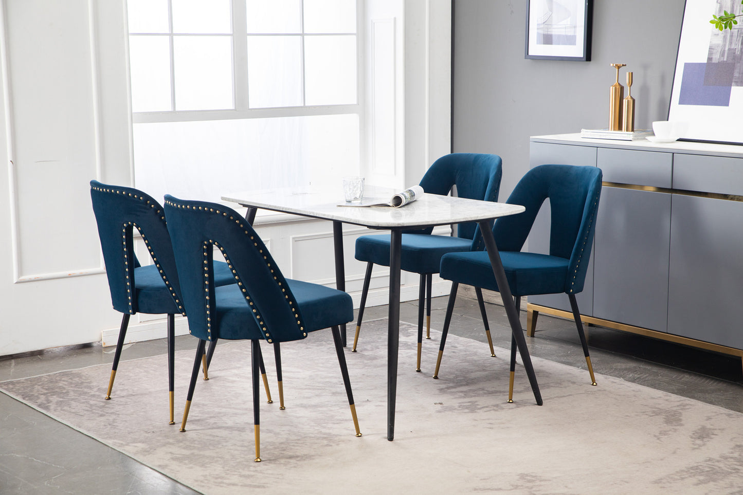 A&A Furniture,Akoya Collection Modern | Contemporary Velvet Upholstered Dining Chair with Nailheads and Gold Tipped Black Metal Legs,Blue,Set of 2