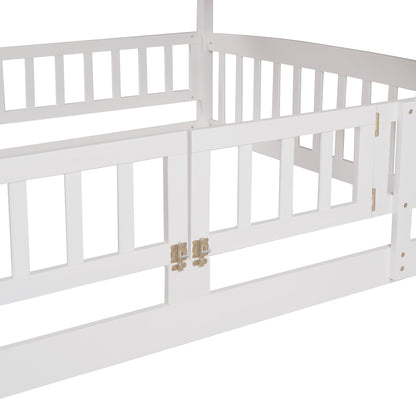 Bunk Bed with Slide,Full Over Full Low Bunk Bed with Fence and Ladder for Toddler Kids Teens White