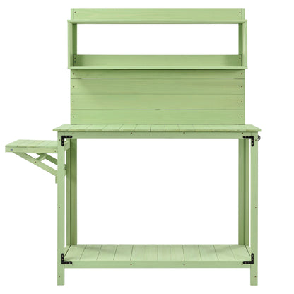 TOPMAX 65inch Garden Wood Workstation Backyard Potting Bench Table with Shelves, Side Hook and Foldable Side Table,Green