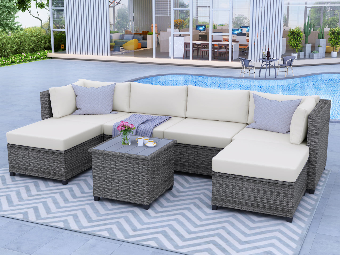U_Style 7 Piece Rattan Sectional Seating Group with Cushions, Outdoor Ratten Sofa NEW!
