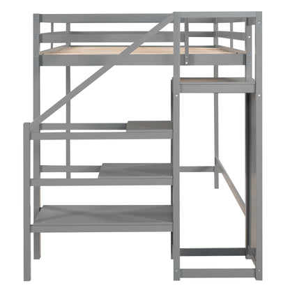 Full Size Loft Bed with Built-in Storage Wardrobe and Staircase,Gray