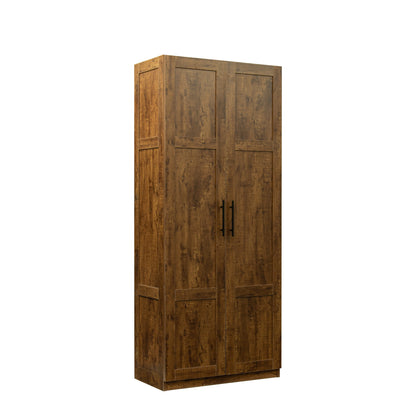 High wardrobe and kitchen cabinet with 2 doors and 3 partitions to separate 4 storage spaces, walnut